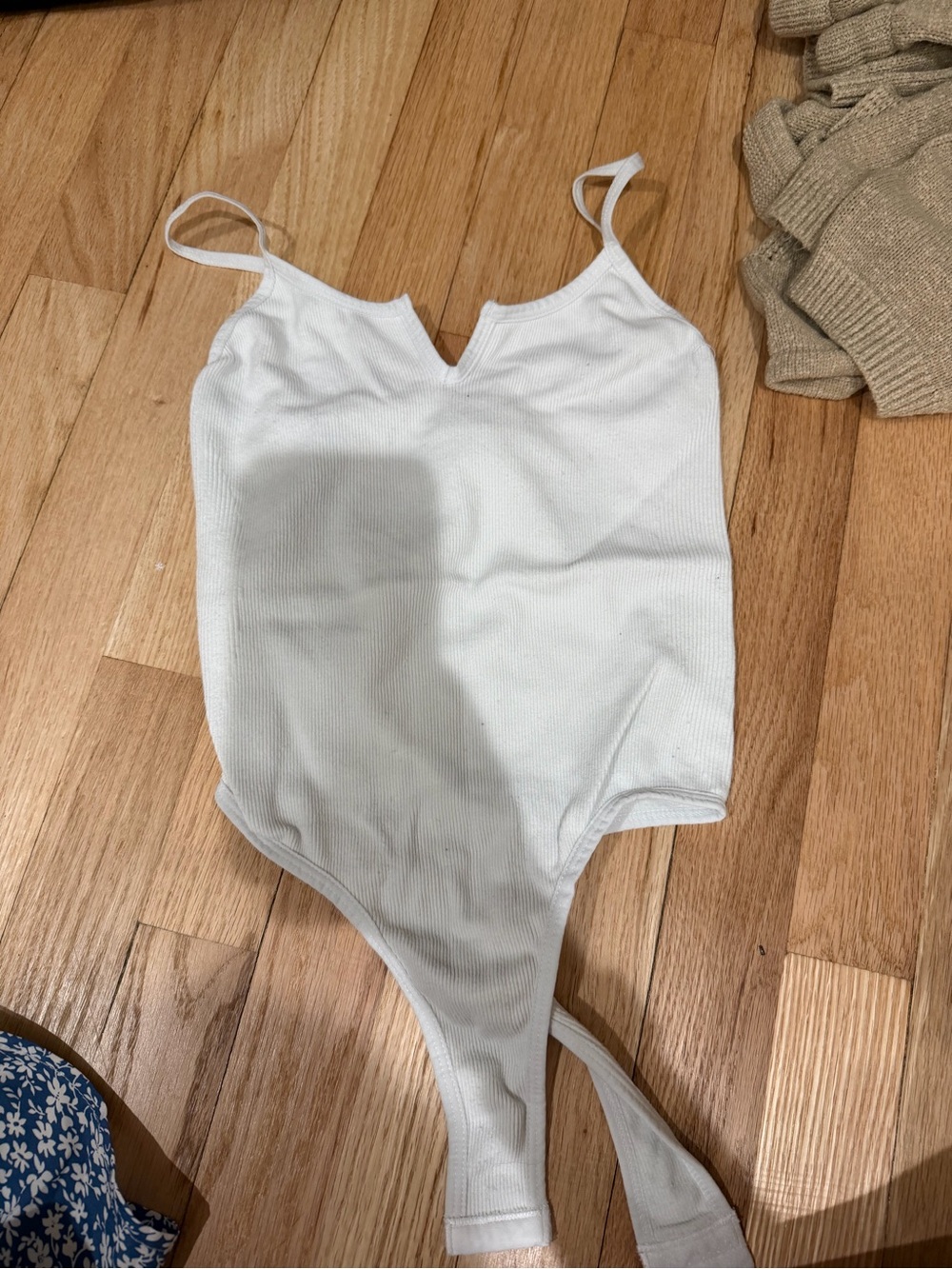 Women’s White Ribbed V-Neck Bodysuit